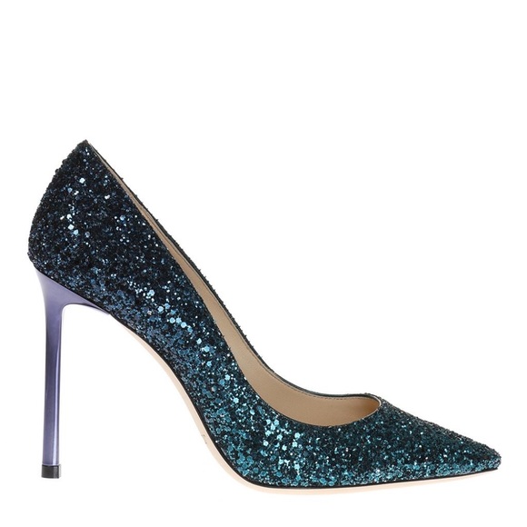 Jimmy Choo Authentic Romy Heels Blue Navy Leather Glitter Pumps Pointed Toe - Picture 7 of 8